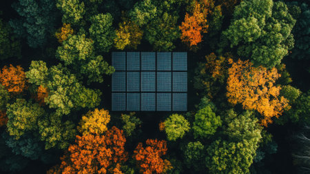 Modern solar panel array in the middle of a vibrant forest, representing renewable energy and environmental harmonyの素材
