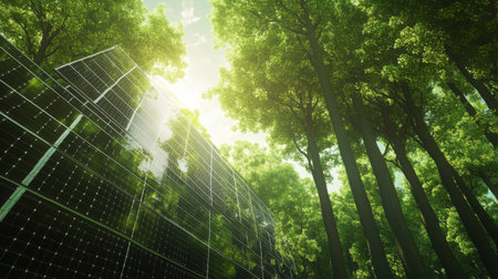 Photovoltaic panels in a vibrant forest environment, symbolizing clean energy and natural harmonyの素材