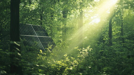Solar panels installed in a lush green forest, sunlight filtering through the trees, symbolizing clean alternative energy and sustainabilityの素材