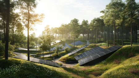 Solar energy farm seamlessly integrated into a green woodland landscape, promoting sustainable power solutionsの素材