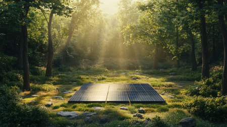 Scenic forest clearing with solar panels, representing an environmentally friendly approach to power generationの素材
