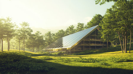 Solar energy farm seamlessly integrated into a green woodland landscape, promoting sustainable power solutionsの素材
