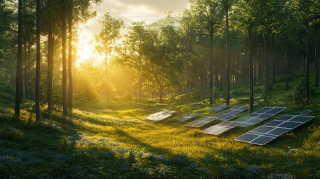 Scenic forest clearing with solar panels, representing an environmentally friendly approach to power generationの素材