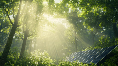 Solar panels installed in a lush green forest, sunlight filtering through the trees, symbolizing clean alternative energy and sustainabilityの素材