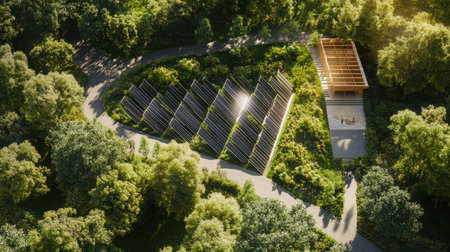 Solar energy farm seamlessly integrated into a green woodland landscape, promoting sustainable power solutionsの素材