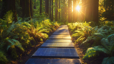 Solar panels lining a sunlit forest trail, showing the future of green technology in natural settingsの素材