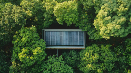 Sustainable solar panel installation under a canopy of green trees, capturing the essence of environmental conservationの素材
