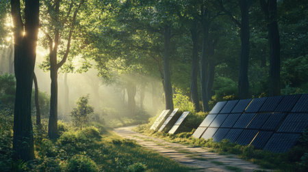 Solar panels lining a sunlit forest trail, showing the future of green technology in natural settingsの素材