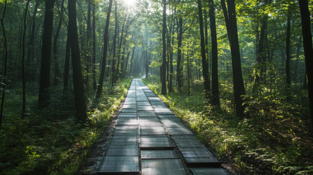 Solar panels lining a sunlit forest trail, showing the future of green technology in natural settingsの素材