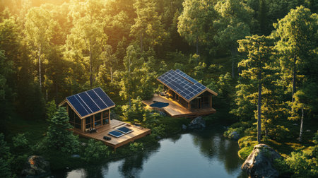Sustainable energy infrastructure with solar panels placed in a peaceful, natural forest environmentの素材
