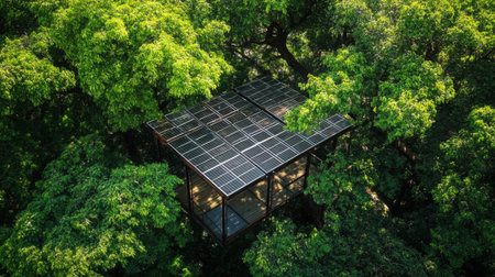 Sustainable solar panel installation under a canopy of green trees, capturing the essence of environmental conservationの素材