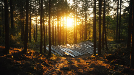 Wide-angle shot of solar panels in the forest at golden hour, emphasizing natural beauty and renewable energyの素材