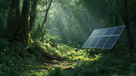 Tranquil forest scene with a small solar panel station, emphasizing harmony between technology and natureの素材
