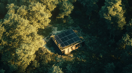 Wide-angle shot of solar panels in the forest at golden hour, emphasizing natural beauty and renewable energyの素材