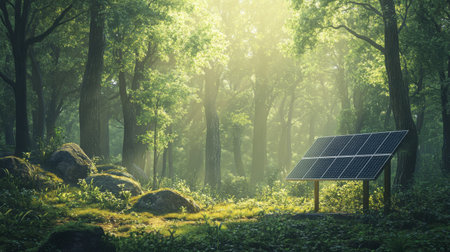 Tranquil forest scene with a small solar panel station, emphasizing harmony between technology and natureの素材