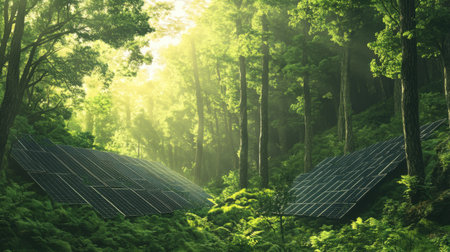 Photovoltaic panels in a vibrant forest environment, symbolizing clean energy and natural harmonyの素材