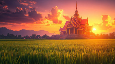 A golden Thai temple glowing at sunset, surrounded by lush green rice fields gently swaying in the wind, with dramatic orange and purple skies aboveの素材