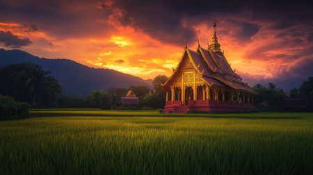 A golden Thai temple glowing at sunset, surrounded by lush green rice fields gently swaying in the wind, with dramatic orange and purple skies aboveの素材
