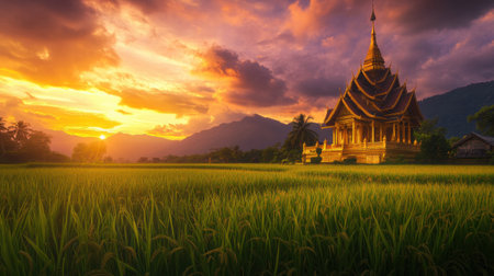 A golden Thai temple glowing at sunset, surrounded by lush green rice fields gently swaying in the wind, with dramatic orange and purple skies aboveの素材