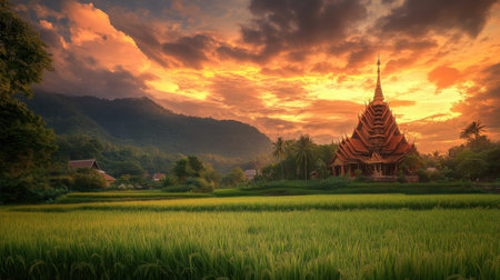 A mystical Thai temple under a dramatic sunset sky, rice fields and trees alive with the motion of wind, blending nature and spiritualityの素材