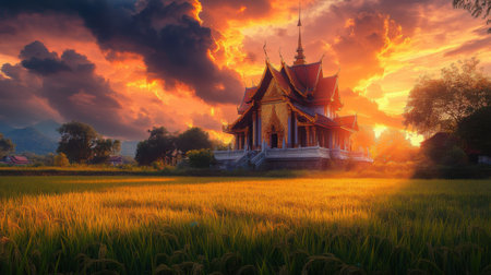 A mystical Thai temple under a dramatic sunset sky, rice fields and trees alive with the motion of wind, blending nature and spiritualityの素材