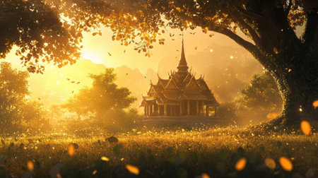 A peaceful rural scene in Thailand with a temple nestled among trees, golden sunlight filtering through leaves, and grass dancing in the breezeの素材