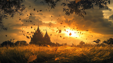 A quiet sunset scene near a Thai temple with grass bending in the wind, tree silhouettes against the sky, and leaves swirling in the airの素材