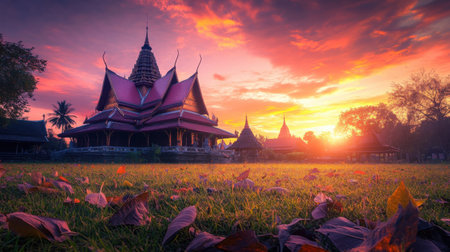 A tranquil moment in a Thai village, temple roofs catching the last rays of sunlight, grass and leaves moving with the wind under a colorful skyの素材