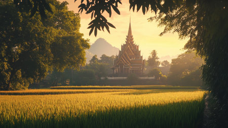 Golden hour shot of rice fields with a majestic Thai temple nestled between trees, wind softly rustling leaves and grass bladesの素材