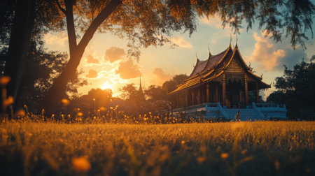 Sunset behind a Thai temple with foreground trees and grass gently moving in the wind, evoking peace and spiritual stillnessの素材