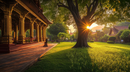 Sunset view of a Thai temple courtyard, trees forming a canopy above, leaves fluttering and grass rippling softly in the twilight windの素材
