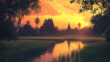 Serene Thai countryside with a temple framed by tall trees, orange sunset hues filling the sky, and wind rippling through the fieldsの素材