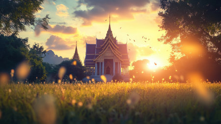 Sunset behind a Thai temple with foreground trees and grass gently moving in the wind, evoking peace and spiritual stillnessの素材