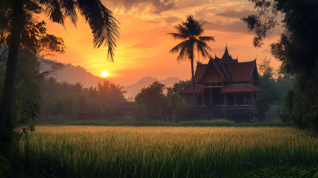 Serene Thai countryside with a temple framed by tall trees, orange sunset hues filling the sky, and wind rippling through the fieldsの素材