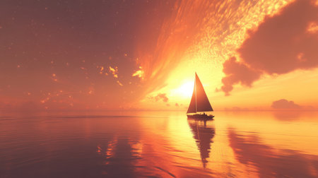A lone sailboat drifting peacefully on a calm sea under a glowing orange sunset sky, casting reflections on the waterの素材
