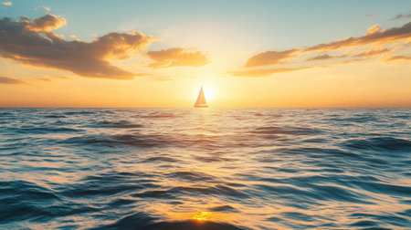 Tranquil seascape with gentle waves, a small sailboat on the horizon, and a warm sun dipping below the edge of the seaの素材