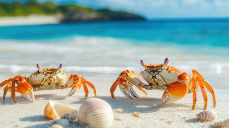 Crabs playing on the sand of a secluded beach, bright blue sea behind them, with a scattering of shellsの素材