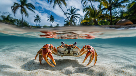 Underwater split shot showing fish swimming below and a crab on the sand above the waterline, palm trees in the distanceの素材