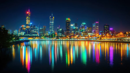 A vibrant city skyline at night with skyscrapers glowing in colorful lights, reflected in the calm river belowの素材