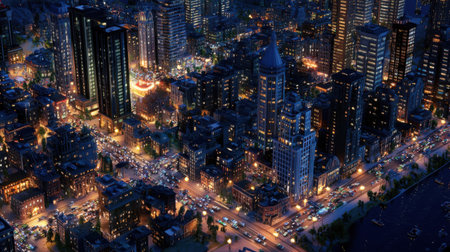Aerial view of a bustling metropolis at night with illuminated high-rises and busy traffic belowの素材