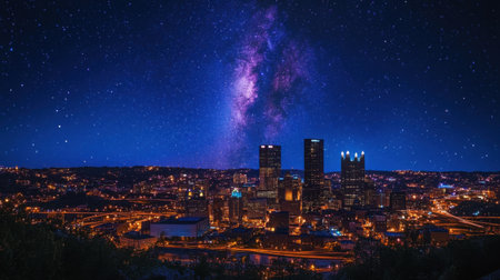 Wide shot of an urban skyline at night with buildings outlined in LED lights and starry sky aboveの素材