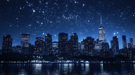 Iconic city skyline with tall buildings outlined against the night sky, city lights forming a glowing networkの素材