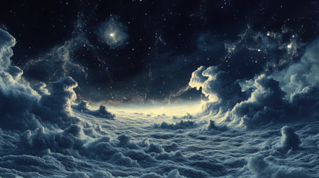 Cosmic landscape of stars and glowing interstellar clouds, resembling a celestial paintingの素材