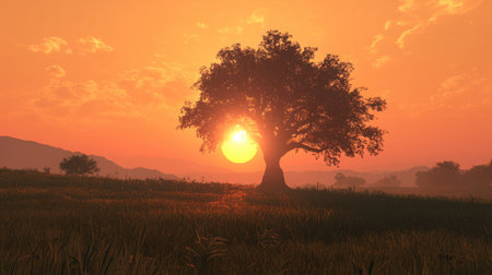 Peaceful grassland at dusk with a large Bodhi tree silhouetted against an orange sunset skyの素材