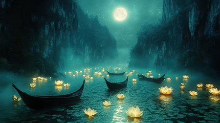 Traditional Chinese boats drifting through a glowing lotus-filled river under moonlight in a fantasy landの素材