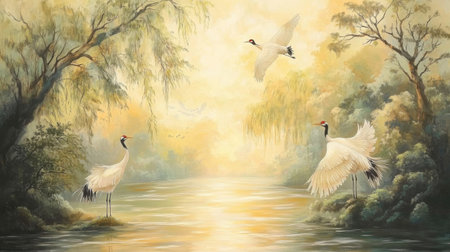 Tranquil river winding through an enchanted valley, willows swaying gently and red-crowned cranes gliding overheadの素材