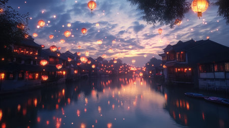 Lantern festival in a mythical Chinese town, lights dancing in the sky and reflections shimmering on the riverの素材