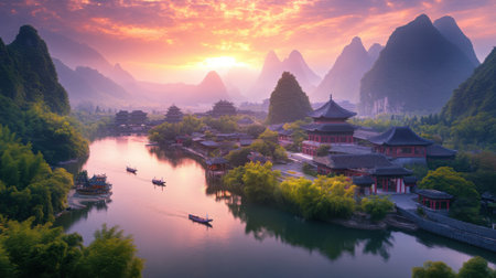 Panoramic view of a mythical Chinese paradise with temples, lakes, dragons, and glowing skies beyond imaginationの素材