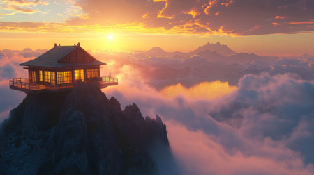 Sunset over a celestial tea house in the clouds, perched above a glowing lake and mist-shrouded peaksの素材