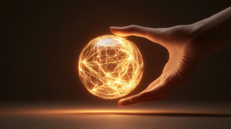 A conceptual image of a human hand touching a glowing electric sphere, symbolizing connection and energyの素材